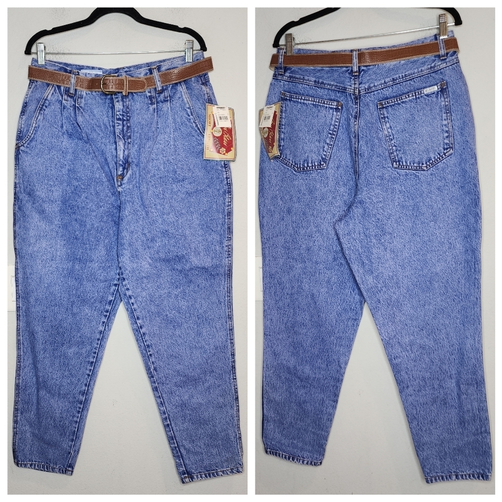 NWT Vintage Bill Blass Tapered Pleated Highrise Jeans Brown Belt VTG 90s Size 16